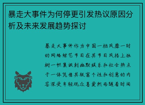 暴走大事件为何停更引发热议原因分析及未来发展趋势探讨